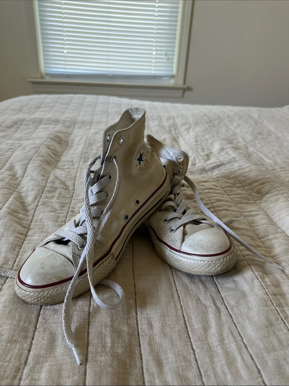 Converse Kids White High-Top Sneakers with Red & Black Stripe
